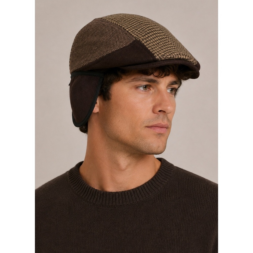 NEW Dockers Mens Brown Patchwork Wool Blend Ivy Cap Flat Hat Ear Warmers S/M